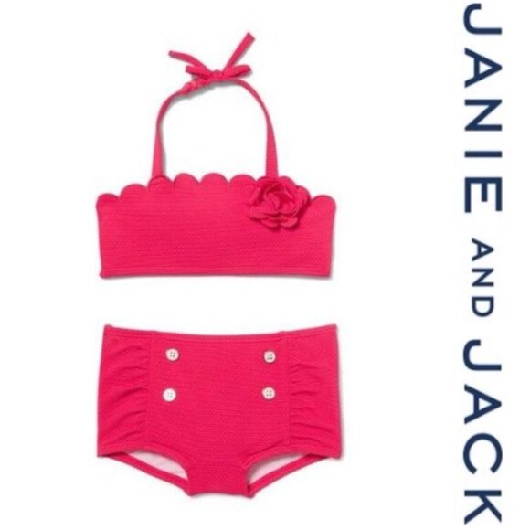 Janie + Jack | "Bright Pink" Scalloped Halter 2-Piece Swimsuit | Size 6-12 Month - Picture 1 of 8